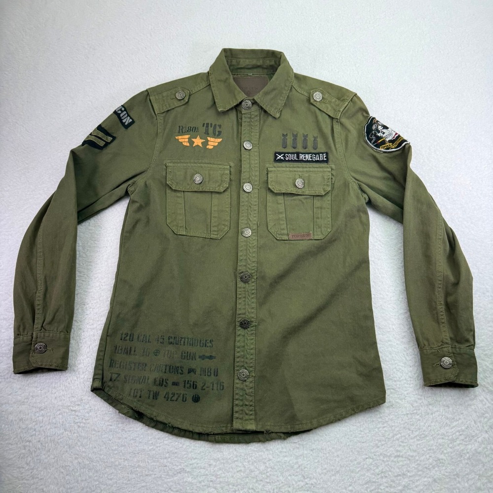 Top Gun Shirt Mens Medium Green Military Style Aviation‎ Patches Twill Button Up